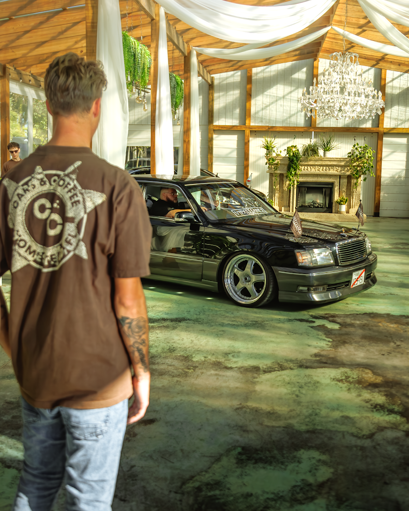 Cars and Coffee shirt with Toyota Crown in the greenhouse
